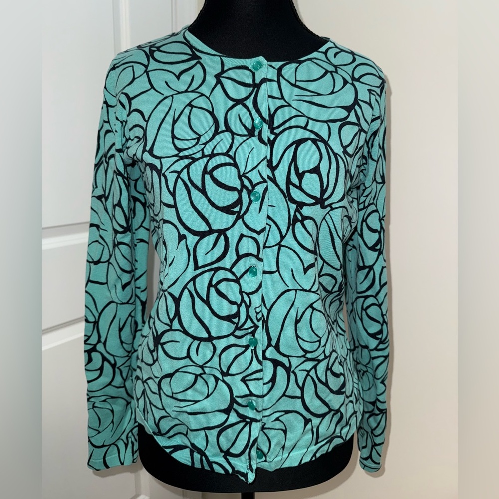 Teal blue funky patterned button-up sweater